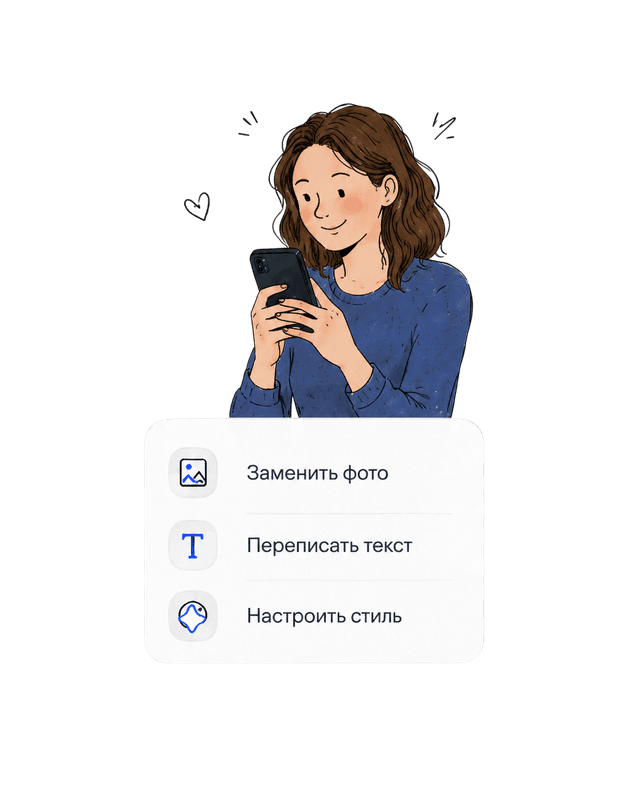 Редактирование: заменить фото, переписать текст, настроить стиль